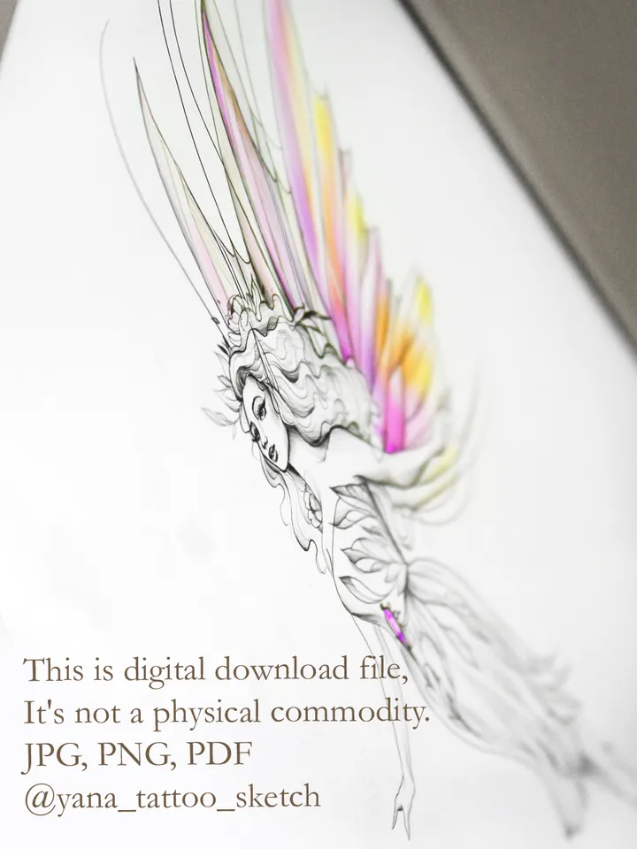 Fairy Tattoo Design Fairy Tattoo Idea Drawing Sketch, Instant download JPG, PDF, PNG