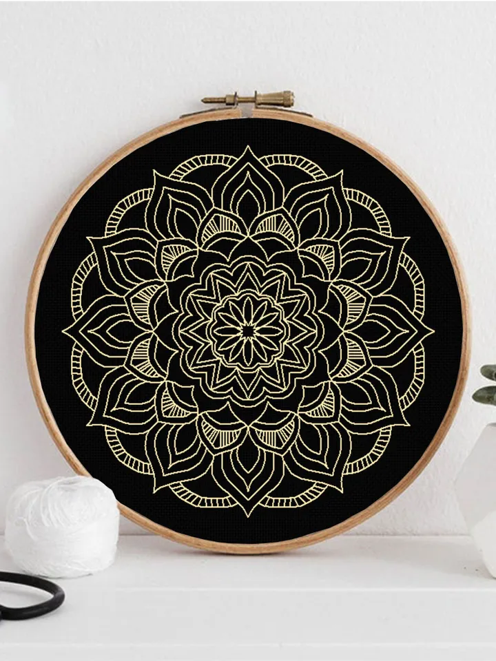 Flower mandala blackwork pattern PDF, Blackwork mandala embroidery download PDF, Mandala ornament Backstitch chart, Mandala cross stitch #W7