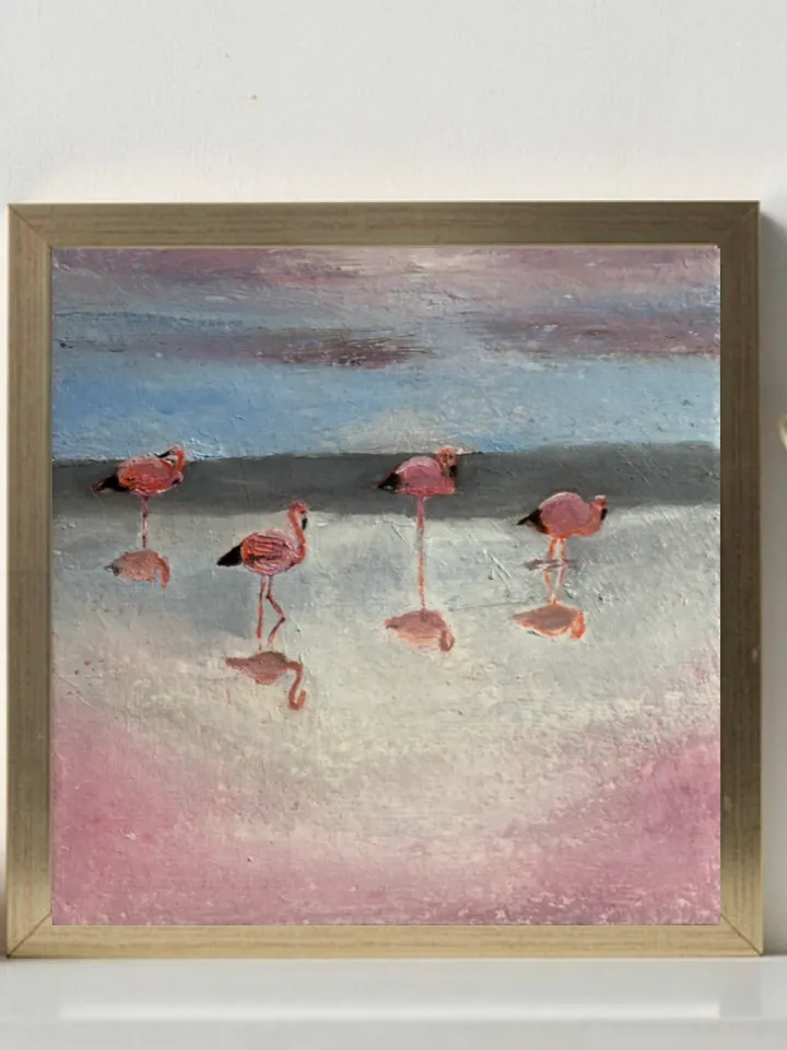 Pink flamingos original oil painting hand painted wall art 6x6 inches