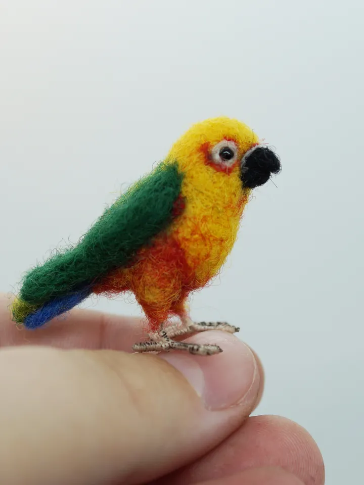 Miniature needle felted jenday conure, tiny parakeet, pet portrait