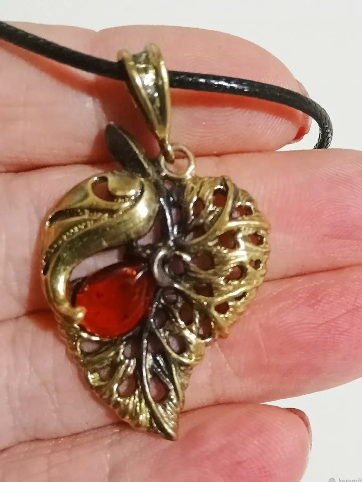 Tree Leaf Necklace Summer Autumn Jewelry Vintage Antique Gold Brass With Baltic Amber Pendant For Her Women
