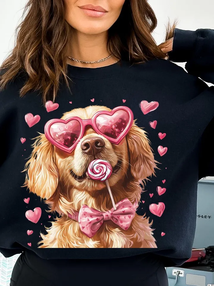Valentine Dog Lovers png, Golden with heart-shaped glasses, Valentine png, Preppy valentine png, Watercolor Dog Coquette png, Dog Mom png