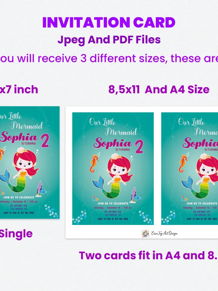 Personalized Digital Birthday Invitation, Mermaid Party Bundle, Kids Birthday Invitation Bundle, Birthday Invite Set, Mermaid Party Set
