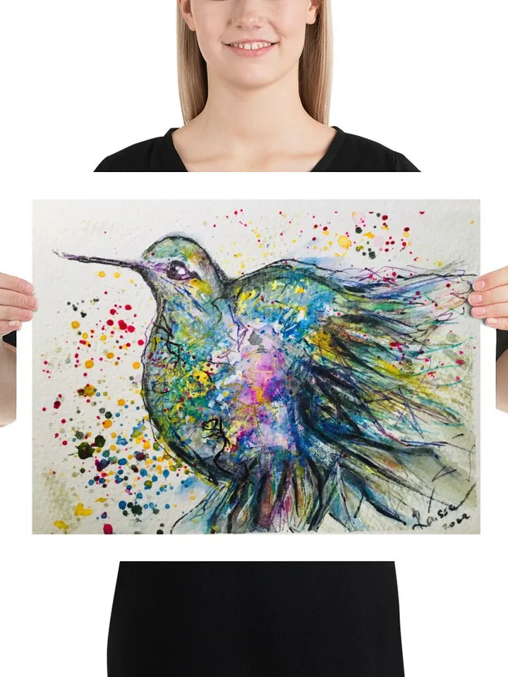 Hummingbird - Photo paper poster made from my original watercolour painting,colourful bird painting wall art