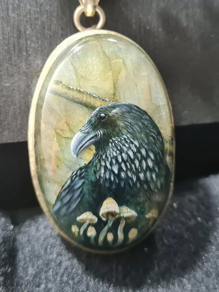 Raven necklace with toadstools Crow Viking Labradorite Shungite Lavastone