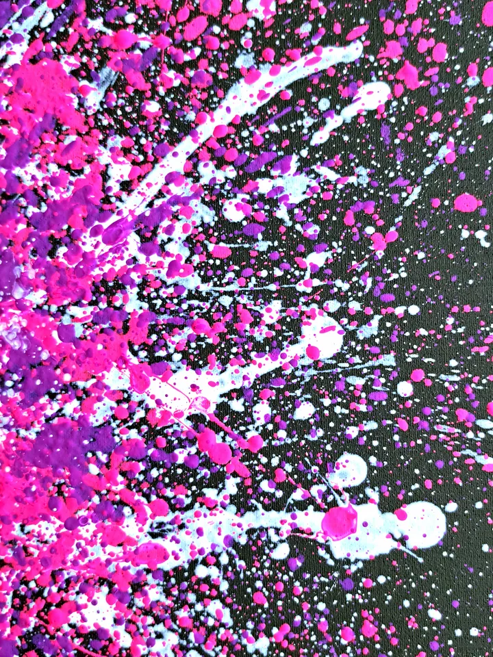 Fluorescent neon painting made with splashes technique "Miami" abstraction, contemporary art