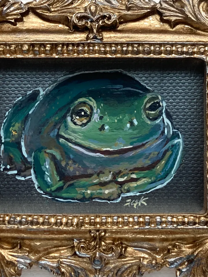 Framed Frog Painting Original Green Frog Artwork Amphibians Art Gouache Painting