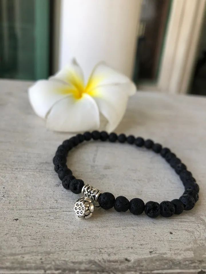 Lotus Seed Flower Genuine Lava Stone Bracelet | Fertility Symbol Black Gemstone Bracelet Amuleth | Spiritual BAli Jewerly | Yogi Accesories
