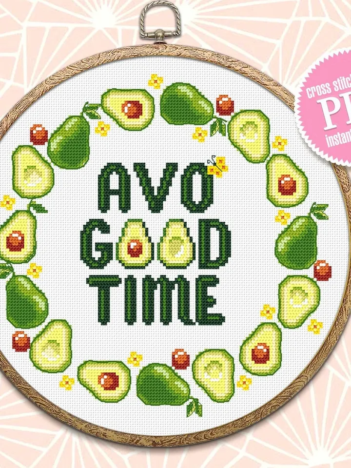 Avocado wreath cross stitch pattern download PDF Framed quote cross stitch chart, Avo good time, Funny cross stitch, DIY Home decor #Q52