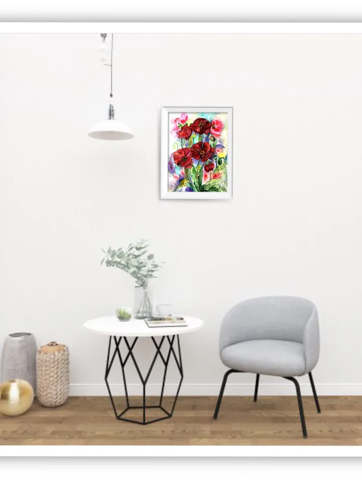 Poppies painting.Bright red flowers on abstract background ,watercolour original painting,framed.Gift for her.