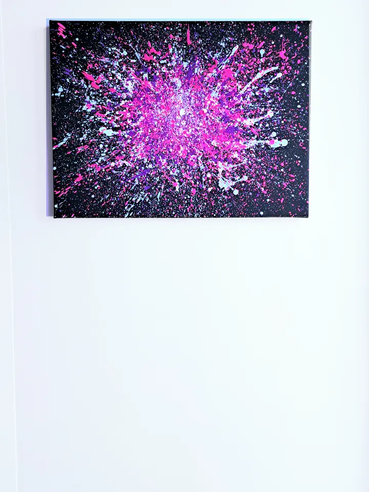 Fluorescent neon painting made with splashes technique "Miami" abstraction, contemporary art
