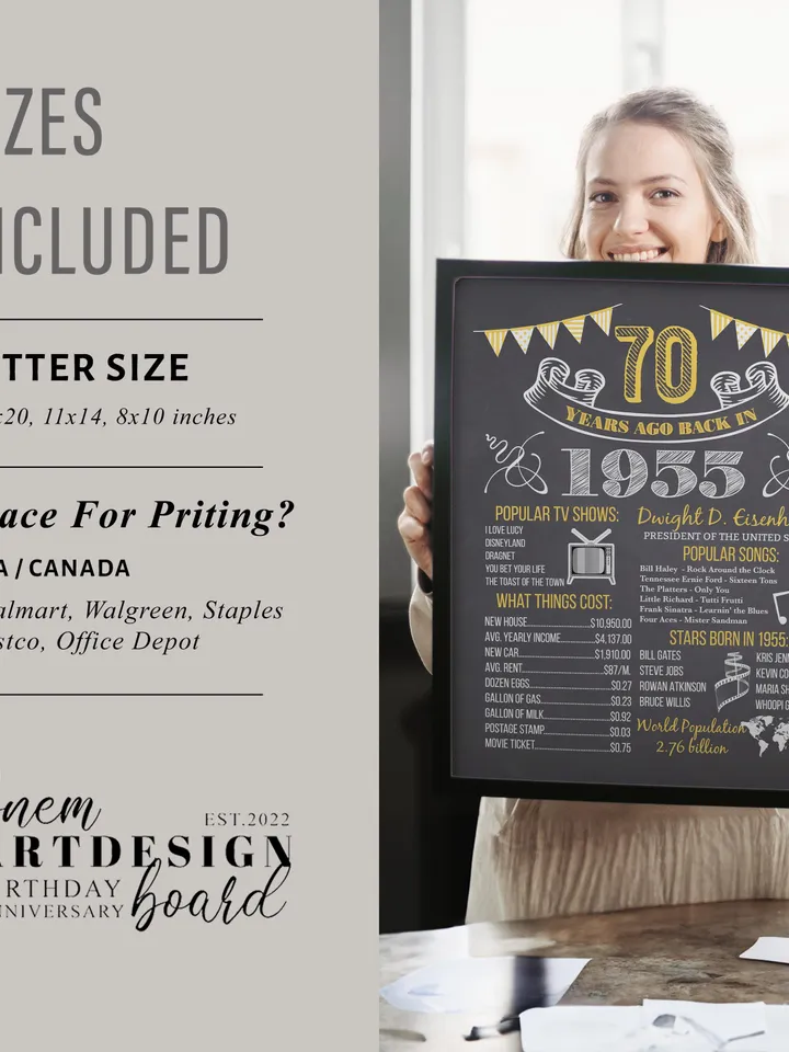 70th Birthday Poster 1955 Gold, Printable Chalkboard Sign, 70 Years Ago, Born in 1955, 70th Birthday Gift, 1955 Birthday Decor