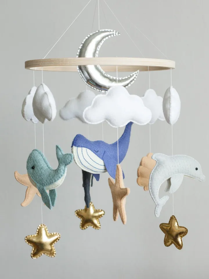 Handcrafted Whale, Stars and Ocean Themed Felt Baby Mobile - Customizable Nursery Decor