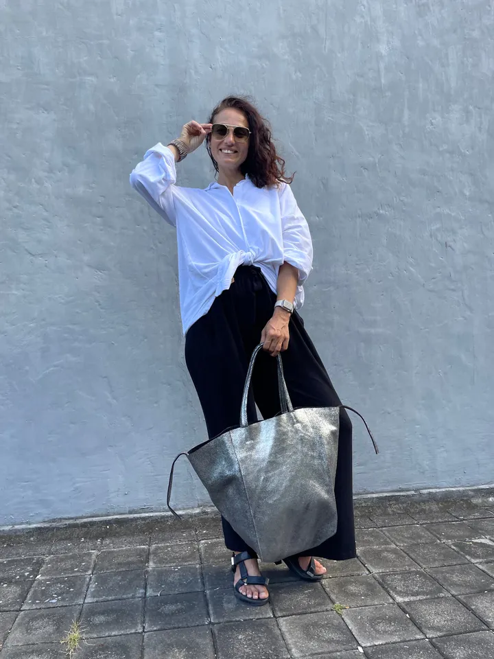 Genuine leather silver tote shopper big bag / everyday purse / handmade bags / designer bags / summer bag / gift for her