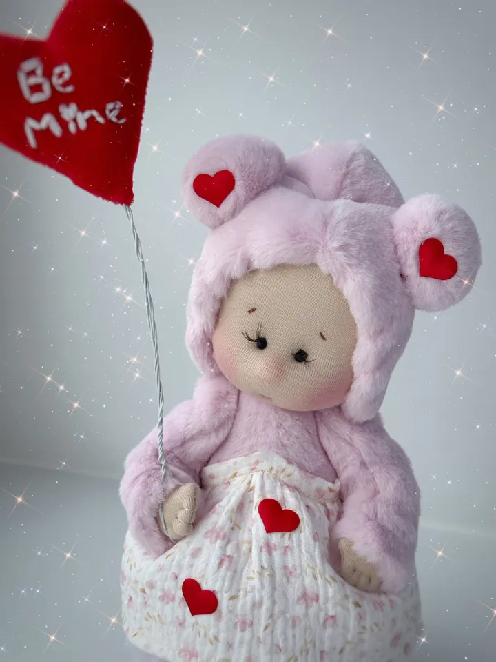 Memory bear doll. Handmade Valentine doll. Soft plush doll with heart. Gift for her.