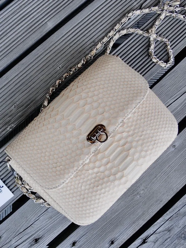 Genuine Python Skin Cream Color Crossbody Detachable Chain Handbag Mini Summer Elegant Classy Purse Clutch, Milk Color Python Leather Lady