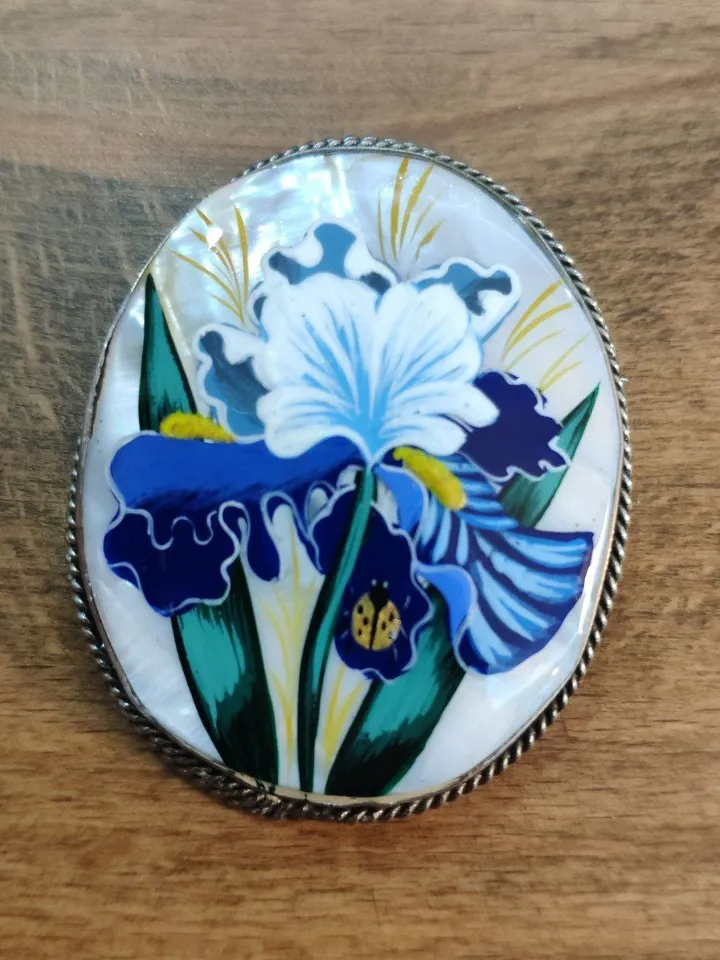 Mother-of-pearl Russian brooch "Iris Flower ", Miniature hand-painted, Russian fine art jewelry, Аbalone shell. Russia gift for woman. Pin