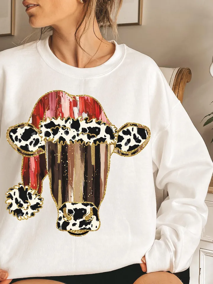 Colorful Coquette glitter cow png girls brushstroke mooey christmas design cow Christmas winter png bow acrylic brushstroke cow western