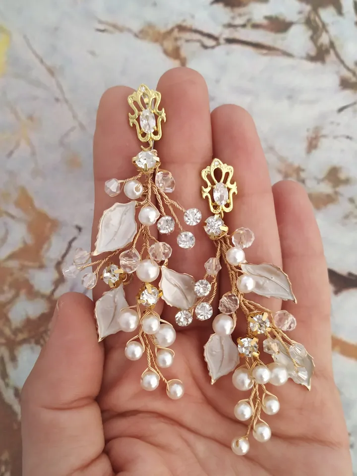 Boho Wedding Earrings, Rose Gold Leaf Chandelier Statement Bridal Earrings, Flower Wedding Earrings, Pearl Wedding Jewelry Swarovski Jewelry