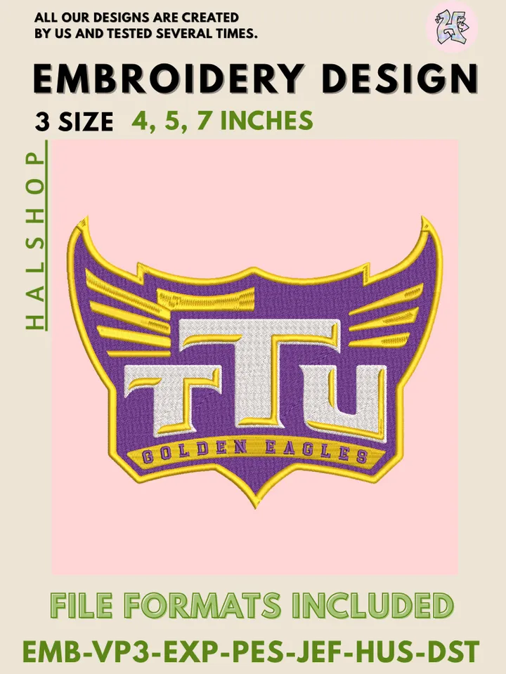 Tennessee Tech Golden Eagles Embroidery Design – NCAA Logo Digital File for Machine Embroidery 💜✨