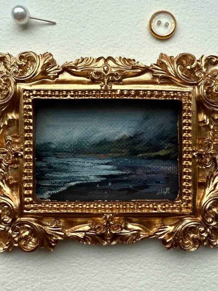 Small Landscape Painting Framed Original Dark Coast Ocean Art Antique Frame Tiny Paintings 3 x 4 Art Victorian artwork