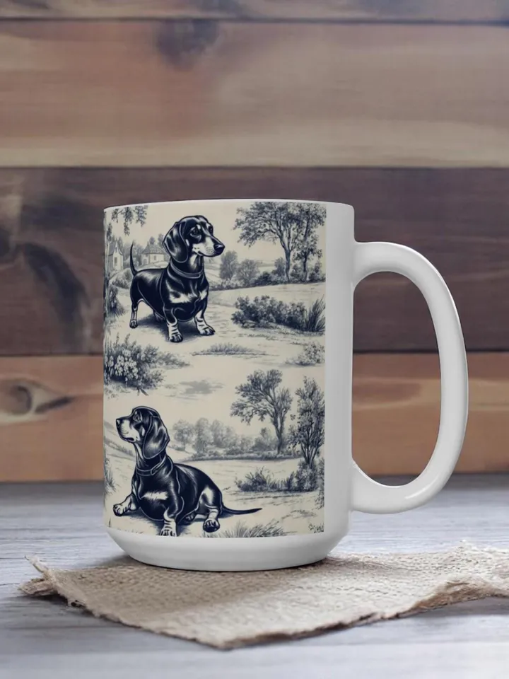 Dachshund French Toile de Jouy Mug - Blue Toile Coffee Cup for Doxie Mom, Sausage Dog Lover Gifts, Dog Tea Drinkware, Dog Mom Gift