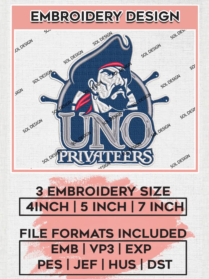 UNO Privateers College Football Team Logo Embroidery Design Files, NCAA New Orleans Privateers Machine Embroidery, NCAA Teams, 3 sizes, NCAA Machine embroidery designs, Digital Download