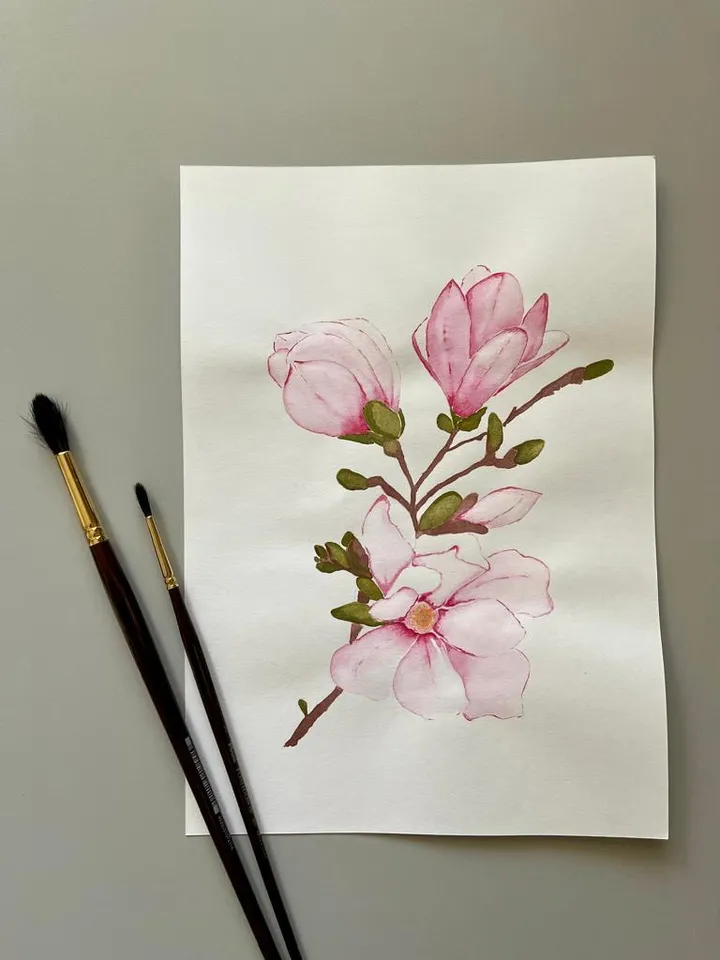 Pink magnolia flower art. Flowers painting classic watercolor paintings. Original watercolor painting.