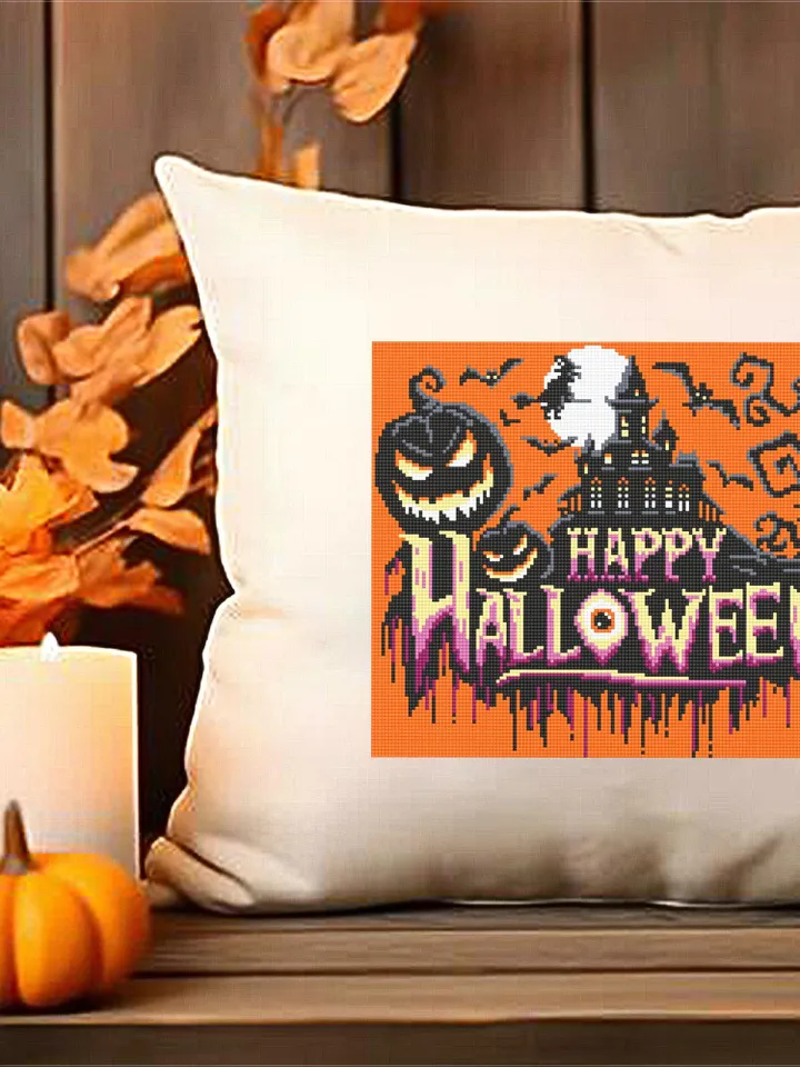 Happy halloween cross stitch pattern download PDF Halloween pumpkin cross stitch chart, Spooky pattern digital PDF, Haunted house #H82