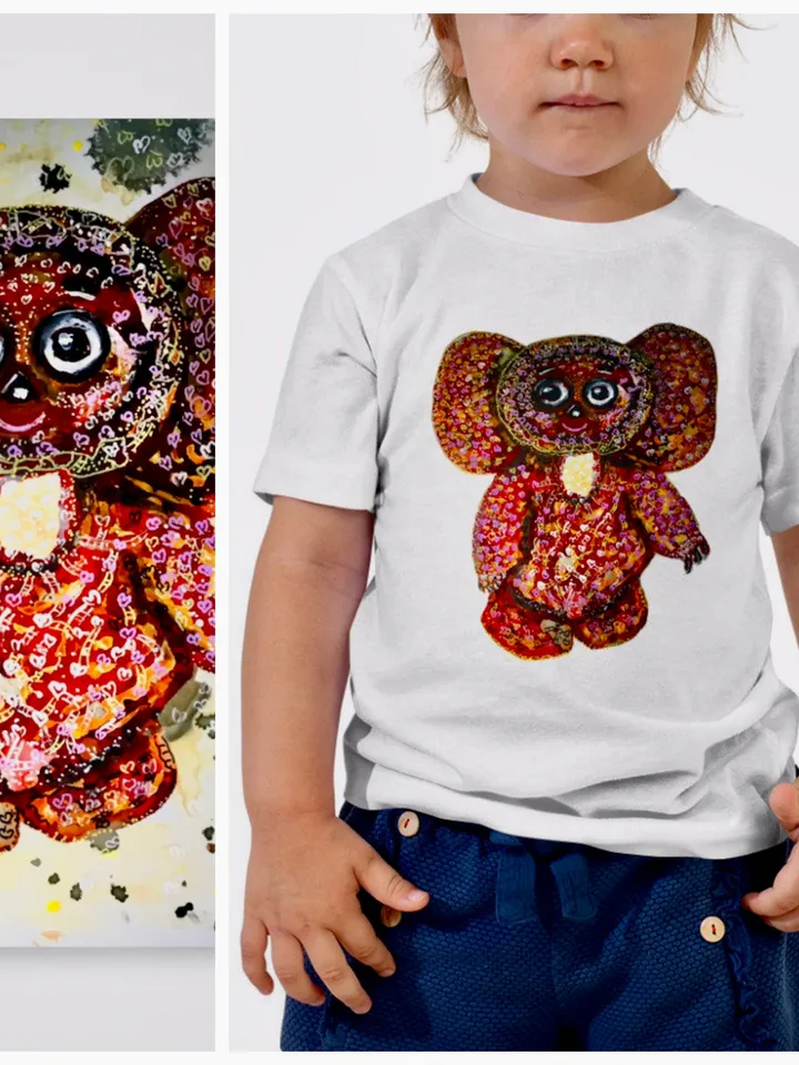 Cheburashka Toddler Short Sleeve Tee made with my original mix media painting,special kids gift,designer toddler wear,unique handmade shirt