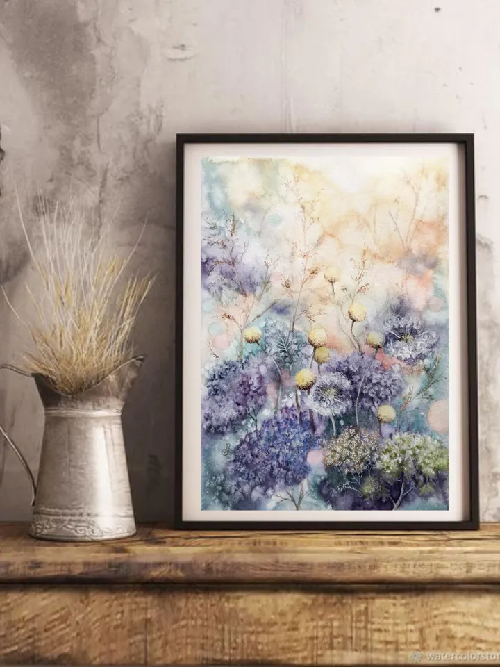 Wildflowers Original Watercolor Painting Meadow Painting Flowers Wall Art