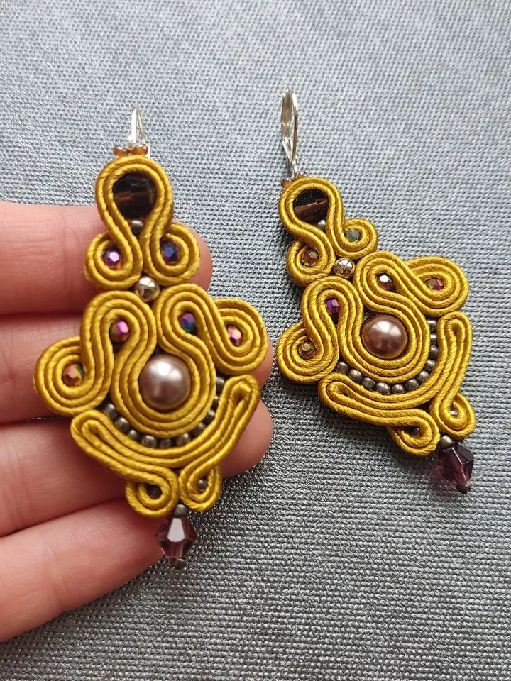 Golden earrings, Long dangle earrings, beaded embroidered soutache earrings
