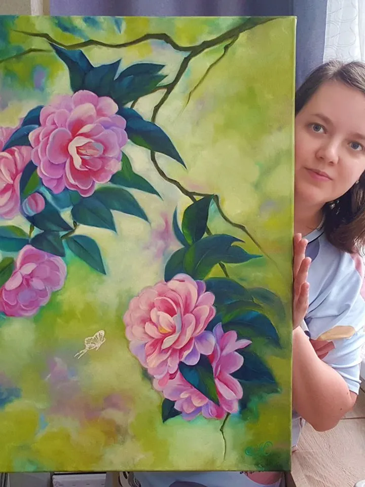 Blossom Camellia Painting Floral Original Art Flower Oil Painting Canvas Art