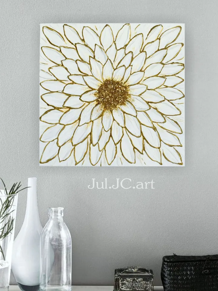 White Daisy original artwork textured painting White and gold Floral art