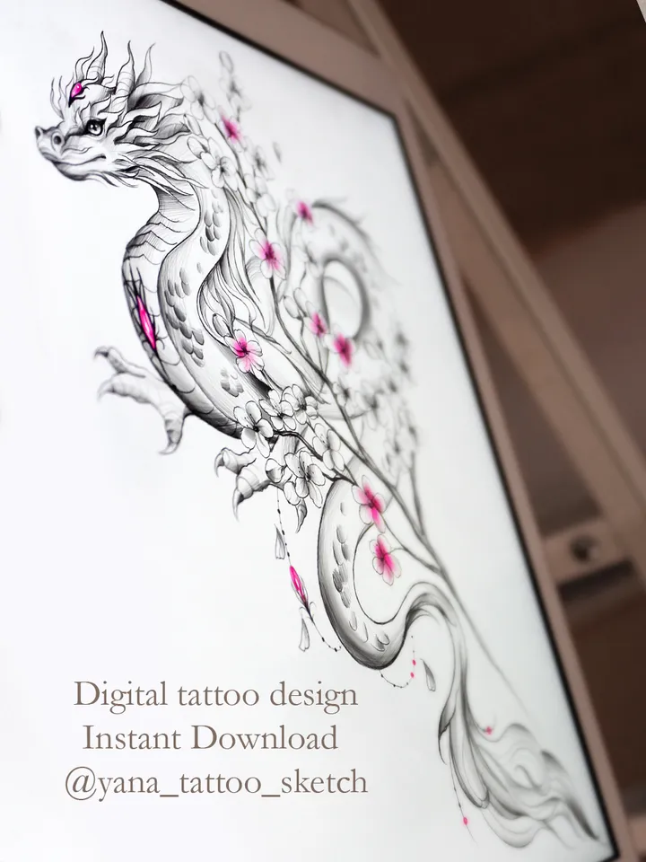 Dragon Tattoo Design Сherry Blossom Tattoo Idea Sketch Stencil, Instant download PDF, JPG