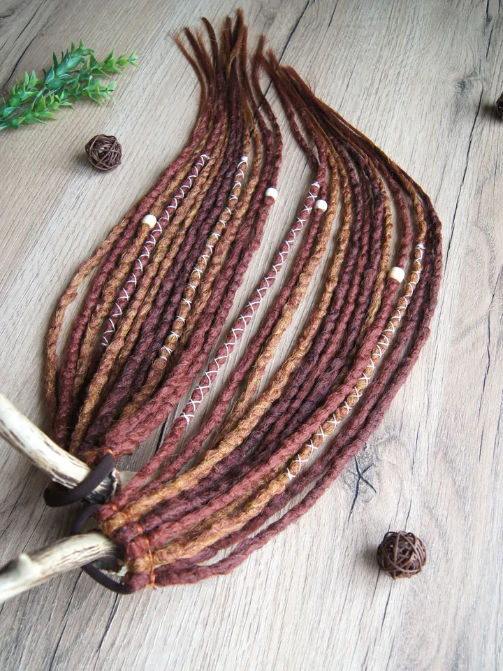 Red dreadlock extensions on hair tie 2 Ponytail synthetic dreads bronze red auburn bohemian boho style Wig Hair Falls cosplay