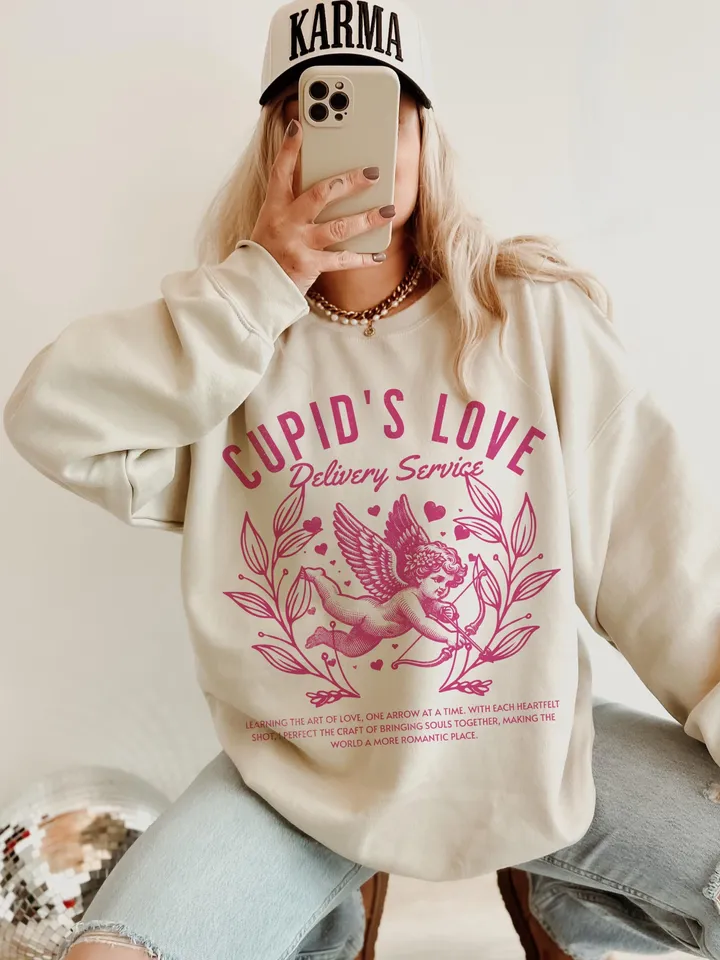 Retro Cupid's Love Delivery Coquette Png, Retro Valentine Shirt Design,Pink Cupid Valentine's Day Png, Valentine Png, valentine's day bow