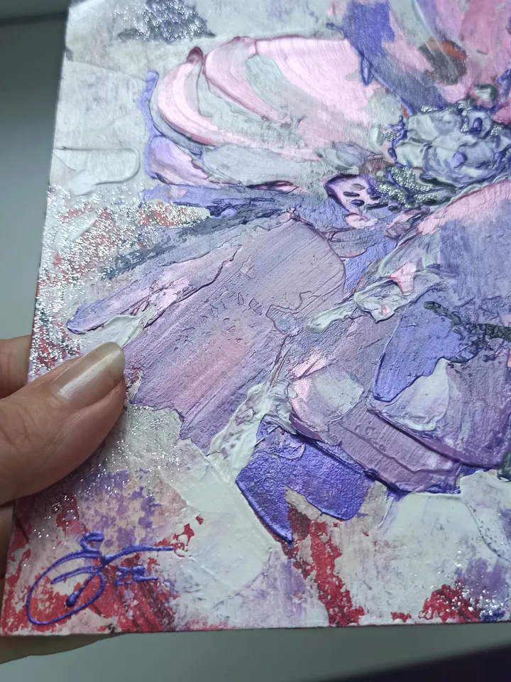 Abstract painting with garden flowers, "Peony flower", original acrylic painting on cardboard 25x20cm in a white wooden frame