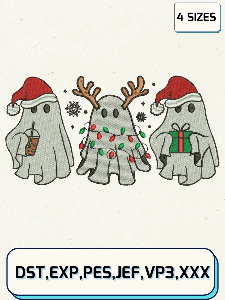 Cute Ghost Christmas Embroidery Designs,Christmas Embroidery Designs,Machine Embroidery Files,4 Sizes