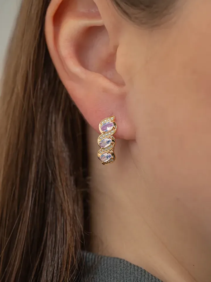 Earrings jewelry Silver gold plated 925 assay value with cubic zirconia and agate