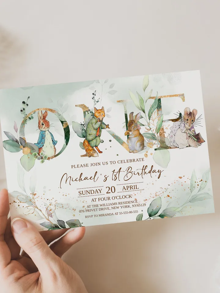 Rustic Peter Rabbit First Birthday Invitation Template;  Spring Bunny Classic Peter Rabbit Birthday Invitation  Handdrawn Peter Rabbit