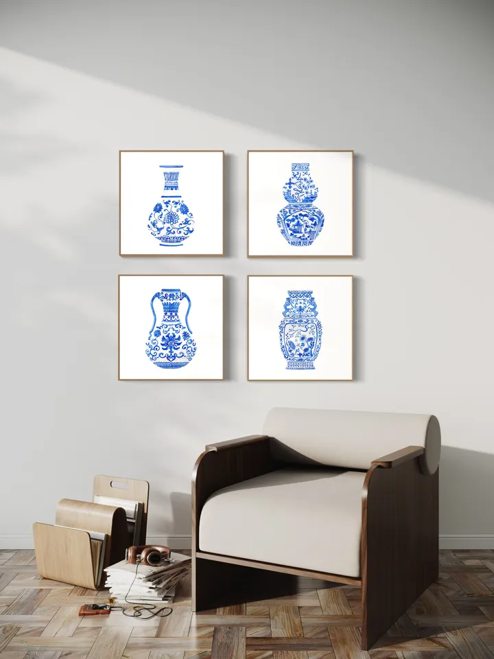 Blue Chinoiserie Set Of 4 Ginger Jars, Watercolor Painting, Vintage Chinoiserie, Chinese Vase Prints, Housewarming Gift, Chinoiserie Art