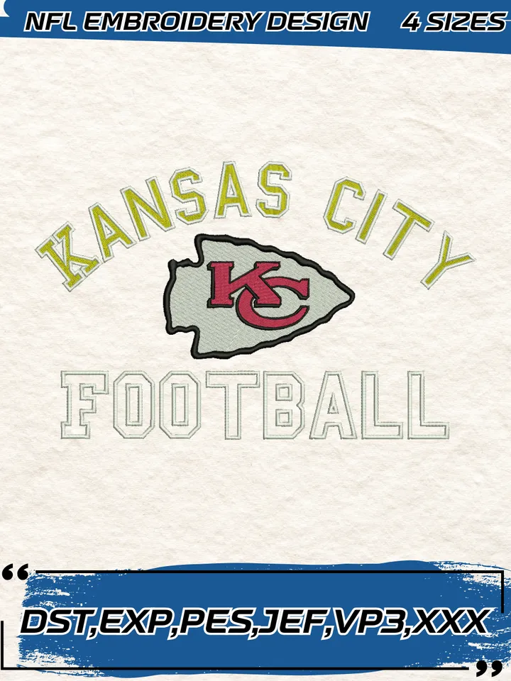 Kansas City Chiefs Logos Embroidery Designs, Football Team NFL Machine Embroidery Digitized Pes Files, 4 Sizes, Digital Download