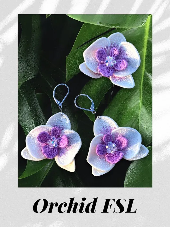 Orchid FSL machine embroidery designs Free standing lace embroidery pattern 3D flower embroidery motif Flower FSL embroidery Earrings FSL