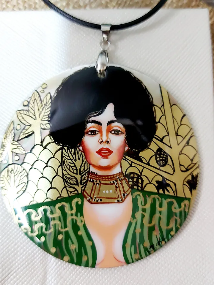 Pearl pendant necklace: Judith by Gustav Klimt on handmade necklace. Painted lacquer shell jewelry. Dainty gift for aesthetic women of power