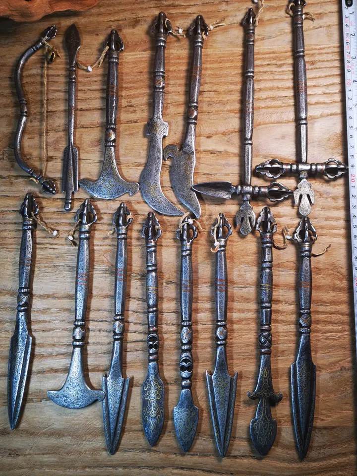 Gandhanra Handmade Antique Tibetan Tantric Practitioner Vajra Chopper Phurba Ritual Implements, 1 Set of 15 PCs,Big Size