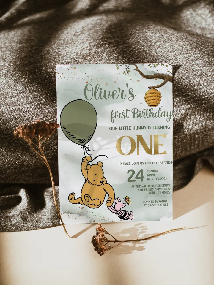 Classic Winnie Pooh Baby Birthday Invitation; Winnie Pooh Baby Birthday ; Greenery Baby Birthday; Honey Bear Birthday; Winnie Pooh wp2