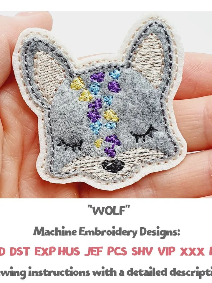 ITH Rainbow Wolf Face Embroidery Design, Felt Animal Applique Pattern for Crafts, 4x4 Hoop DIY Felties File