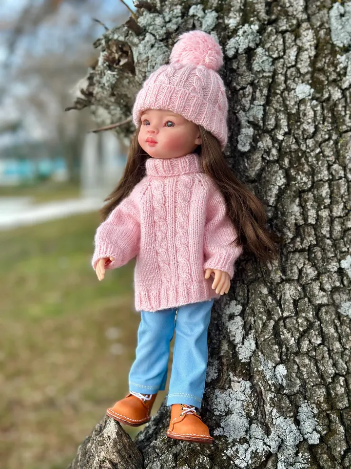 Set sweater & Hat with ponpon Paola Reina KNIT PATTERN and tutorial for Boneka 12-13 inch doll, Ruby Red Siblies, Les Cheries 32 cm PDF eng