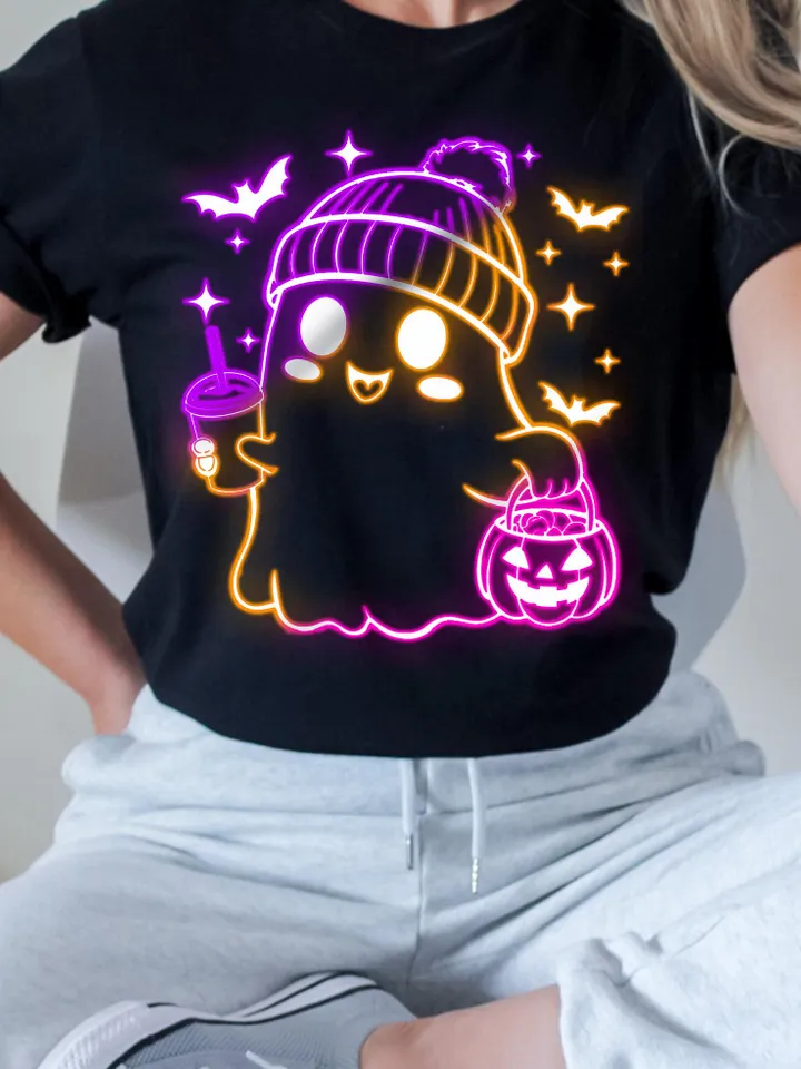 Cute Neon Ghost Png, Halloween Png, Coffee Png, Cute Halloween Png, Spooky Cute Png, Spooky Png, Coquette Png, Neon Kawaii Ghost Png,